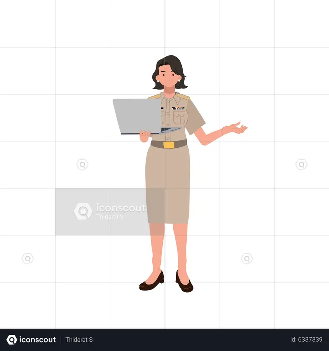 Officier féminin travaillant sur un ordinateur portable  Illustration