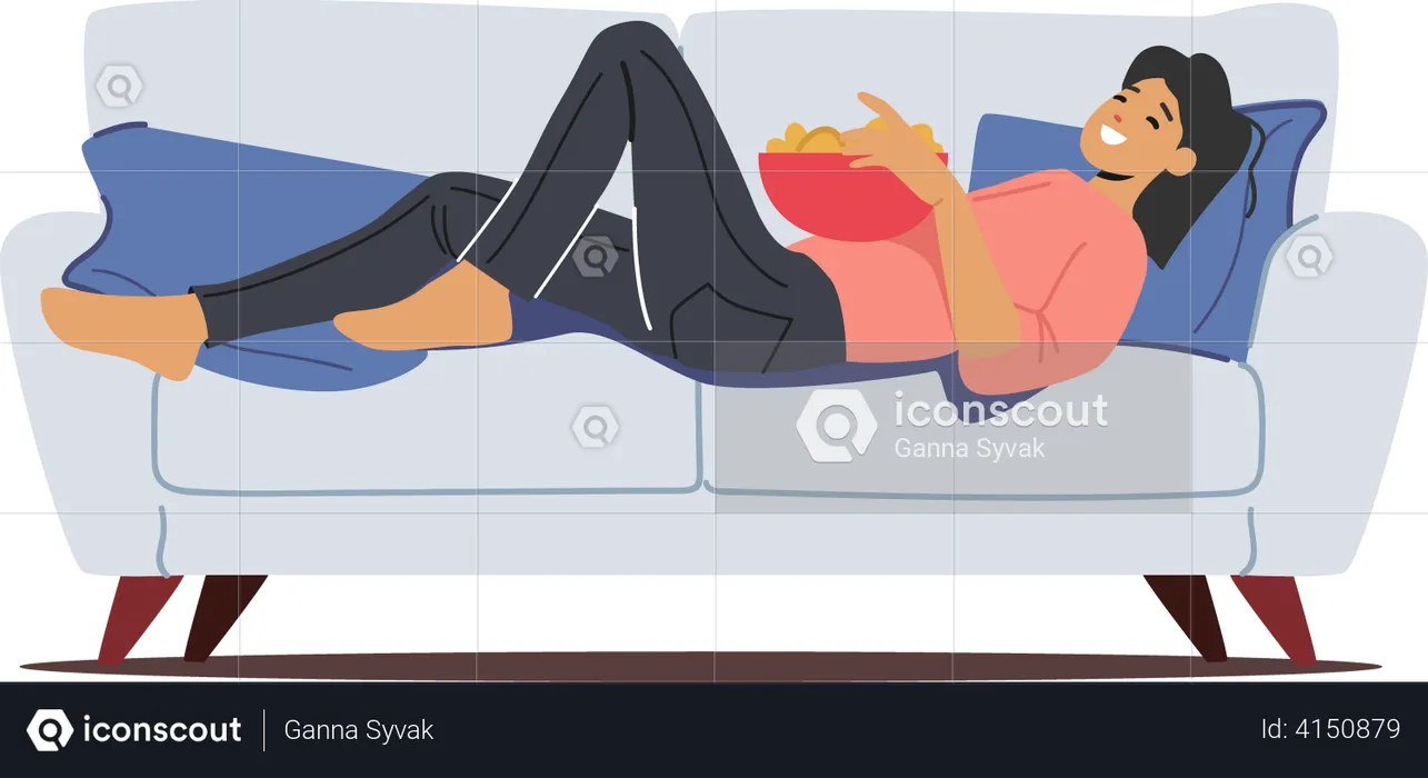 Femme paresseuse mangeant des collations en étant allongée sur un canapé  Illustration