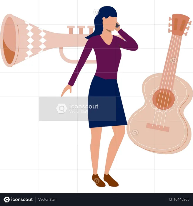 Une femme parle de guitare musicale lors d'un appel  Illustration