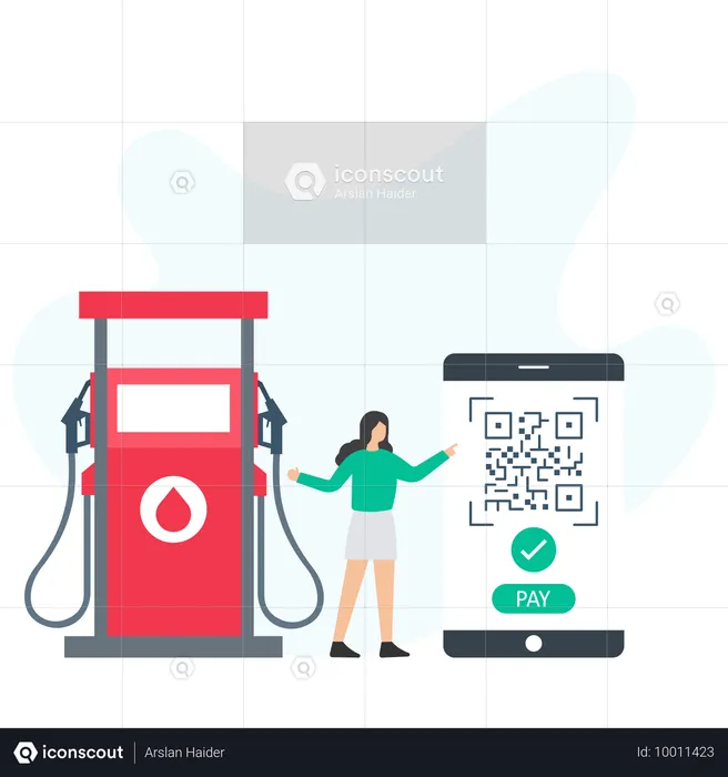 Femme payant le carburant via le code QR  Illustration