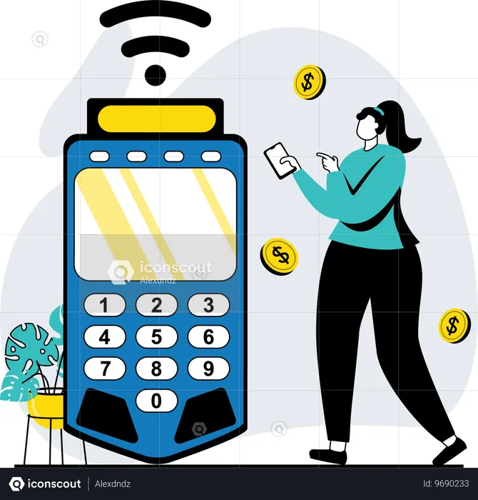 Femme payant sur une machine POS via le paiement NFC  Illustration