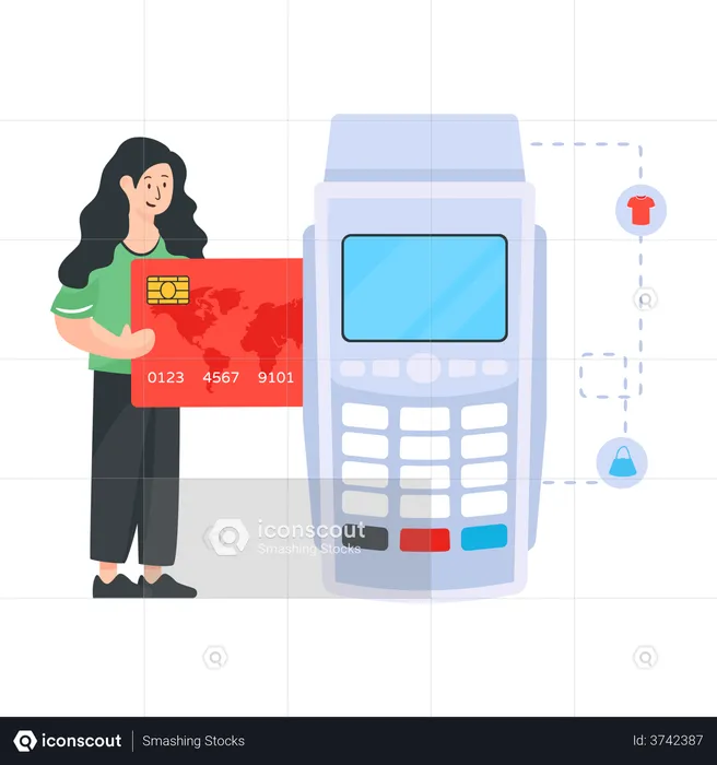 Femme payant via le terminal de paiement Pos  Illustration