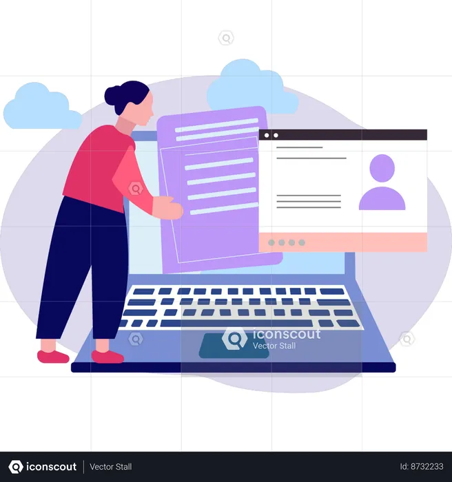 Femme pointant vers un document en ligne sur un ordinateur portable  Illustration