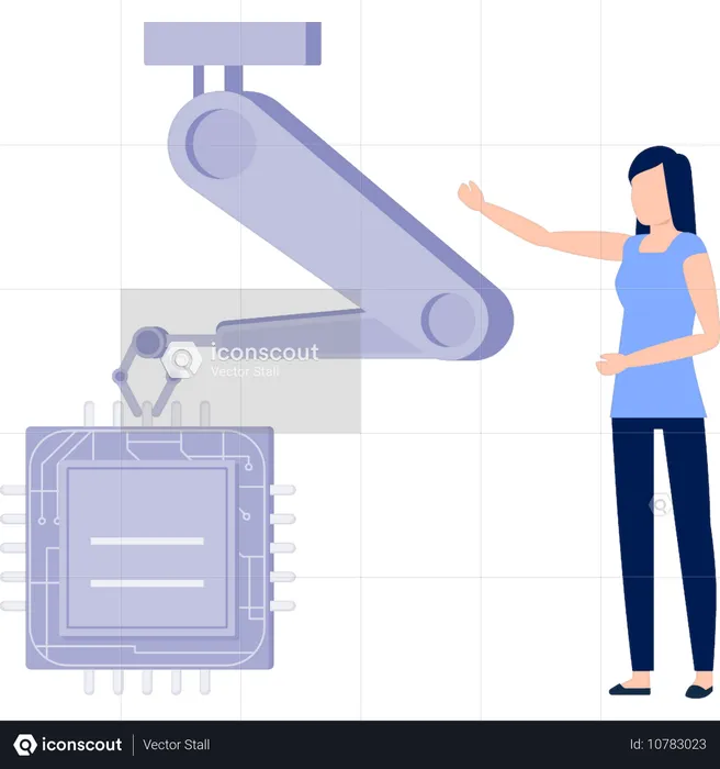 Femme pointant vers un robot industriel  Illustration