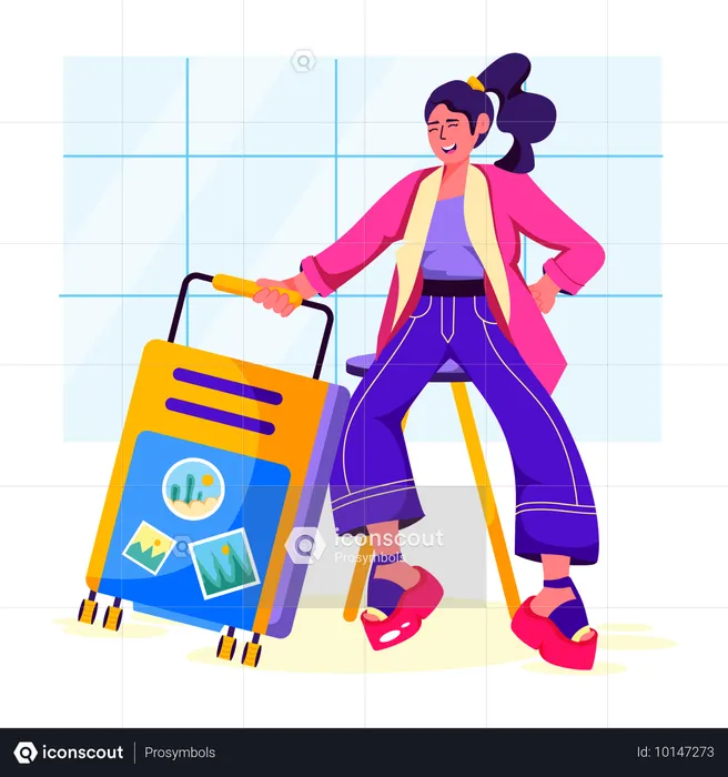 Femme portant un bagage de voyage  Illustration