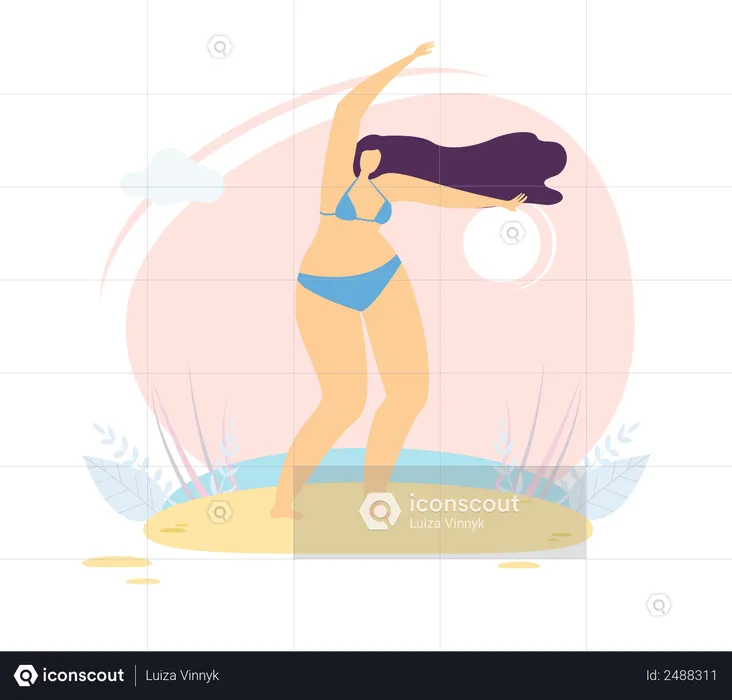 Femme portant un bikini debout sur la plage  Illustration