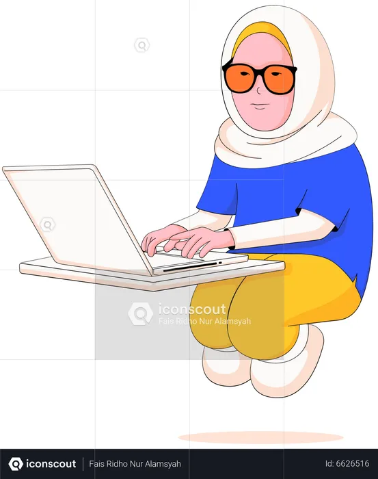 Femme portant le hijab travaillant sur un ordinateur portable  Illustration