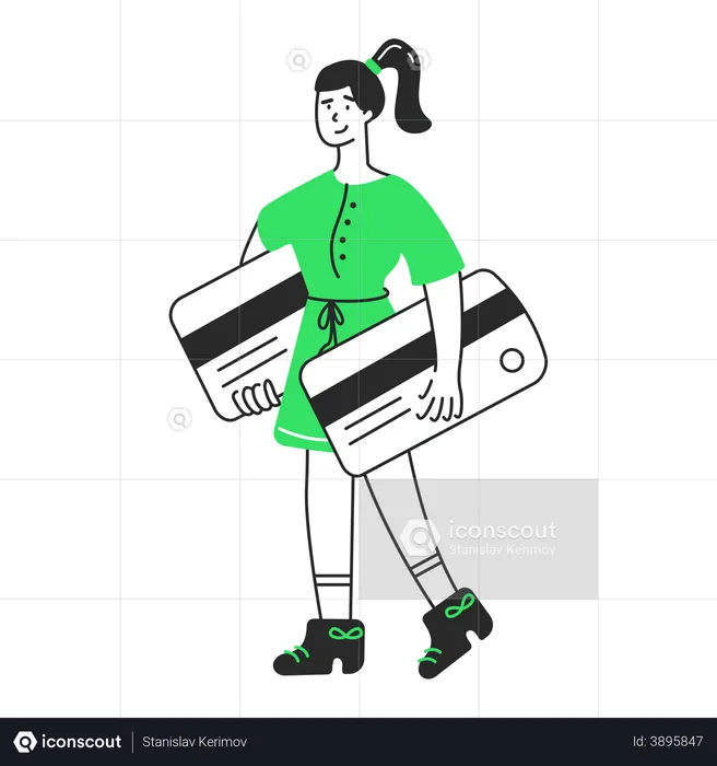 Une femme porte des cartes de crédit  Illustration