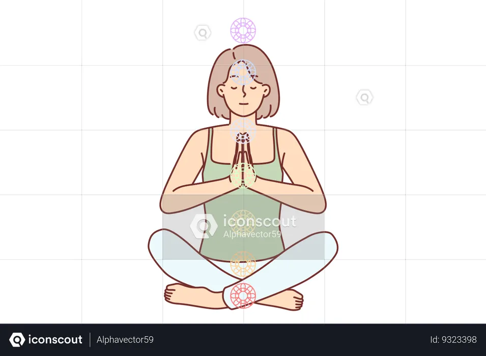 Une femme pratique le yoga assise en position du lotus pour nettoyer l'aura et activer les chakras  Illustration