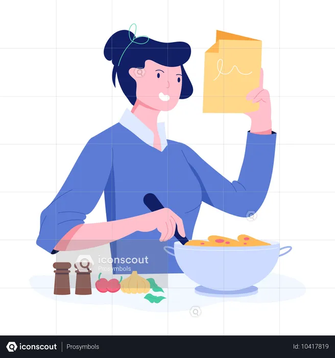 Femme préparant un plat en lisant une recette  Illustration