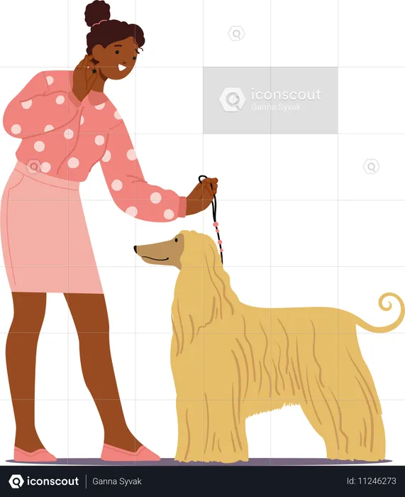 Une femme présente un chien à une exposition d'animaux de compagnie  Illustration