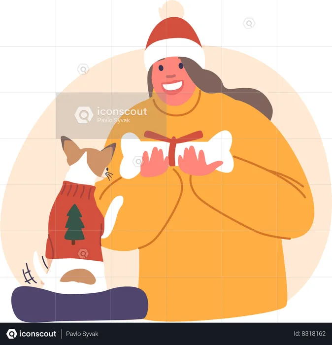 Une femme présente un os de cadeau de Noël à son chien fidèle et bien-aimé  Illustration