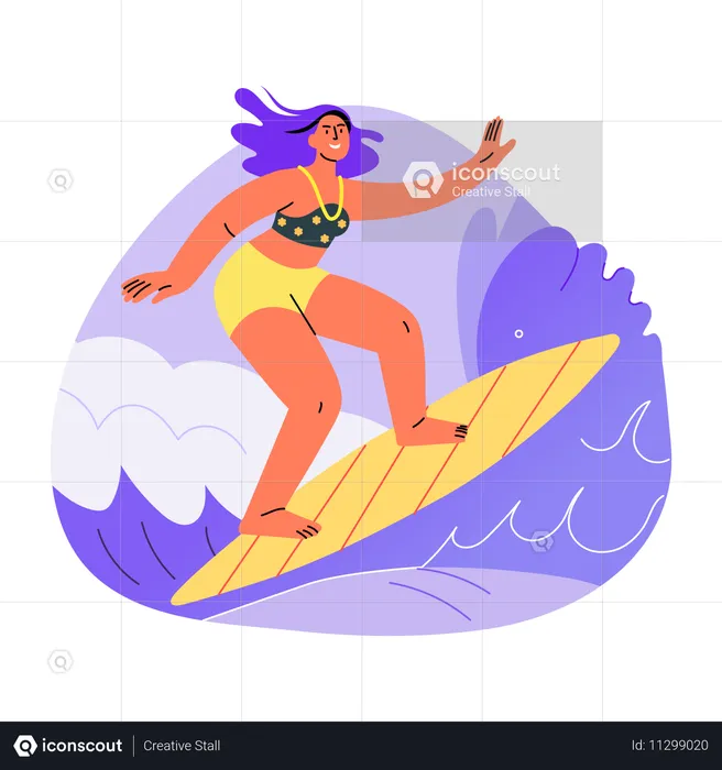 Femme appréciant le surf sur la plage  Illustration