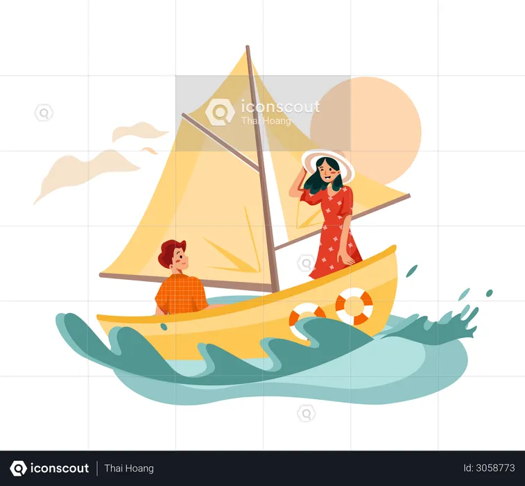 Femme appréciant la promenade en bateau  Illustration