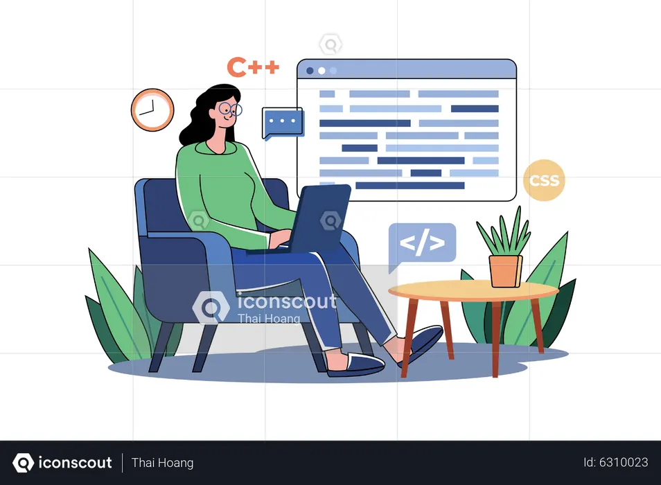 Femme programmant sur un ordinateur portable  Illustration