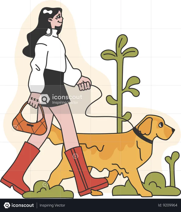 Femme qui marche avec un chien  Illustration