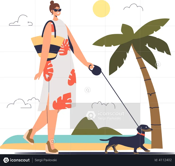 Femme qui marche avec un chien  Illustration