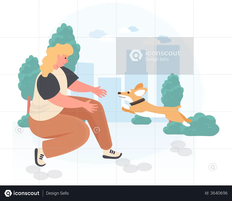 Femme marchant avec son chien dans le jardin  Illustration