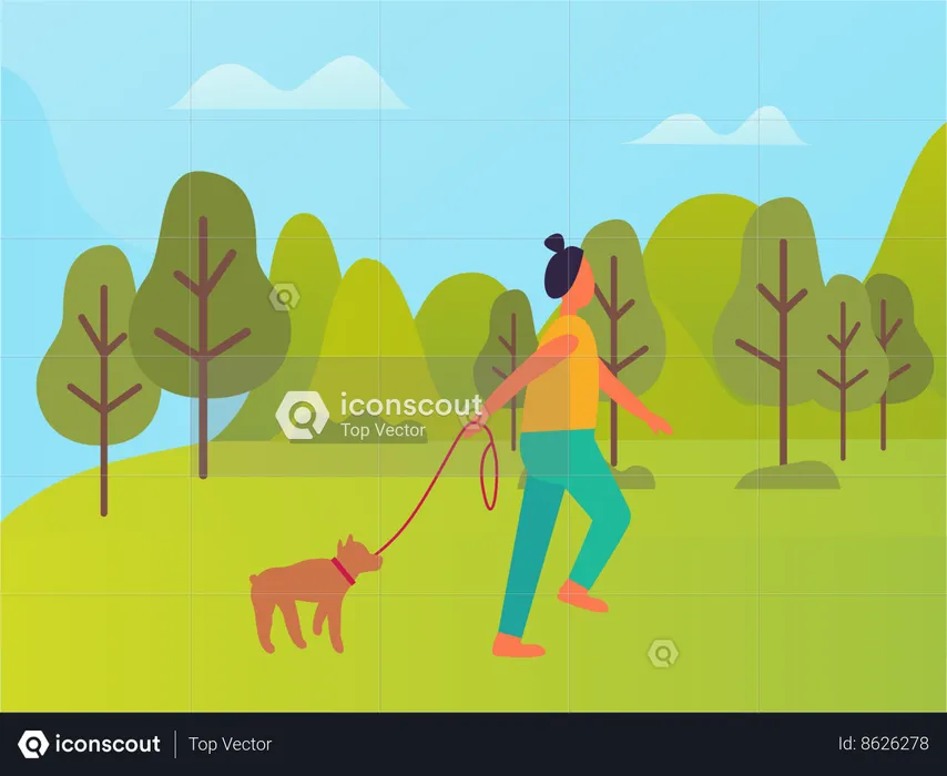 Femme qui marche avec un chien dans le parc  Illustration