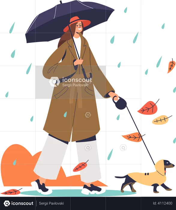 Femme marchant avec un chien sous la pluie  Illustration