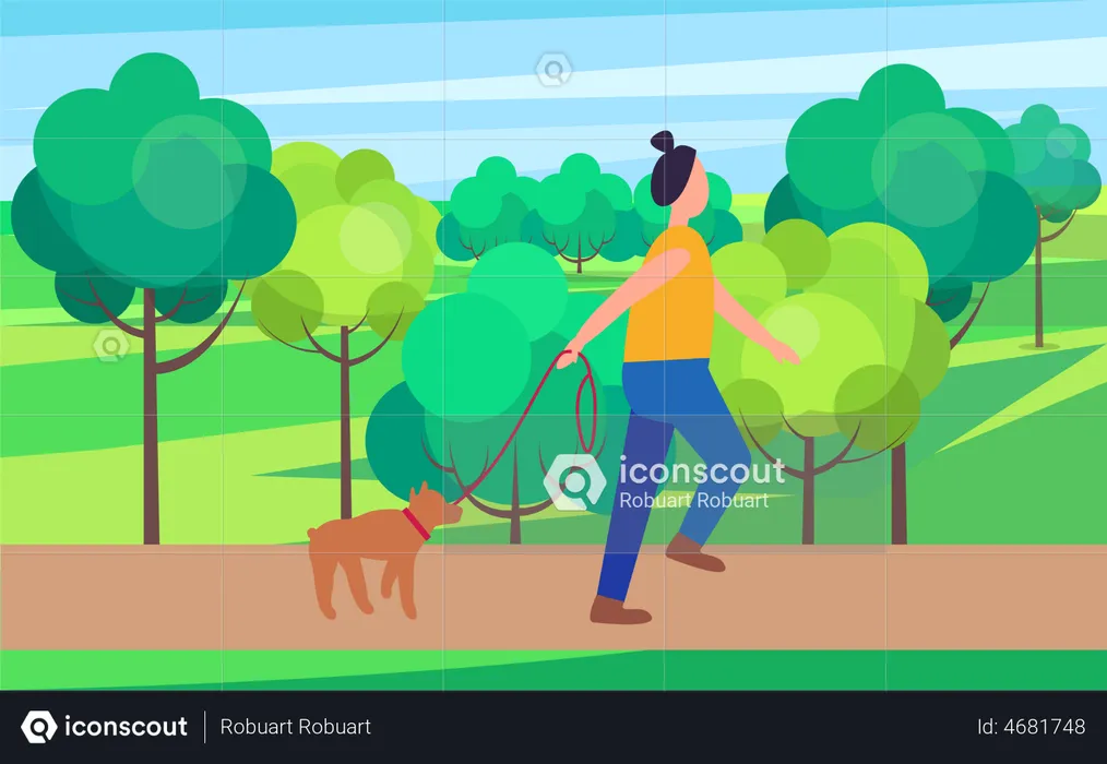 Femme qui promène son chien dans le parc  Illustration
