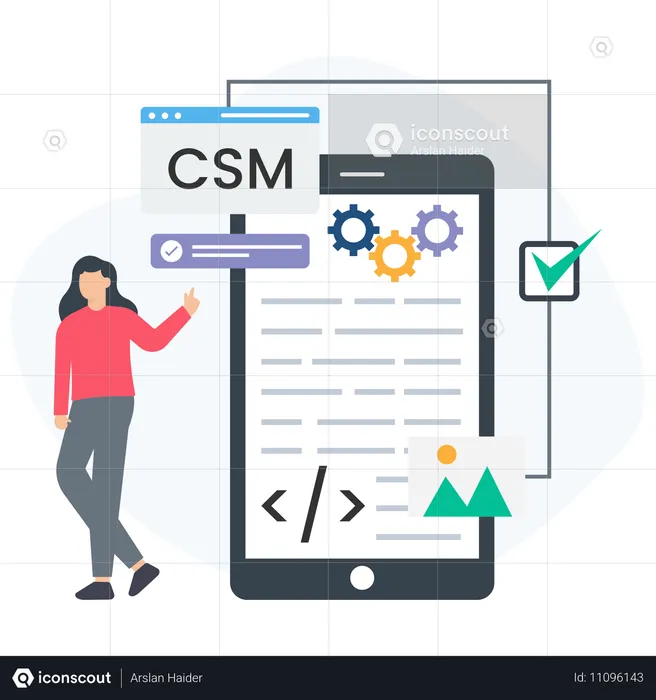 Une femme parle de l'application CMS  Illustration