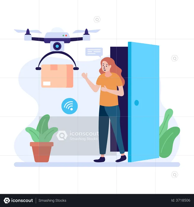 Femme recevant une livraison par drone  Illustration