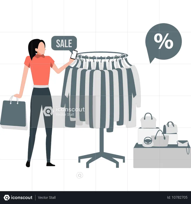 Femme regardant une offre de vente de shopping  Illustration