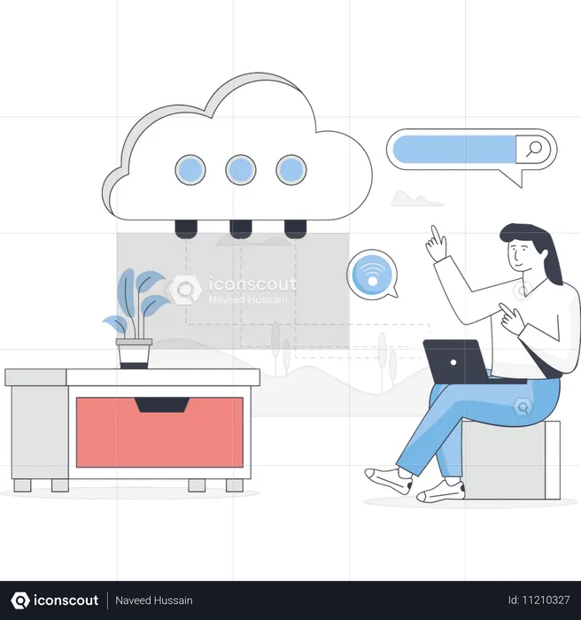 Une femme recherche une technologie de cloud computing  Illustration