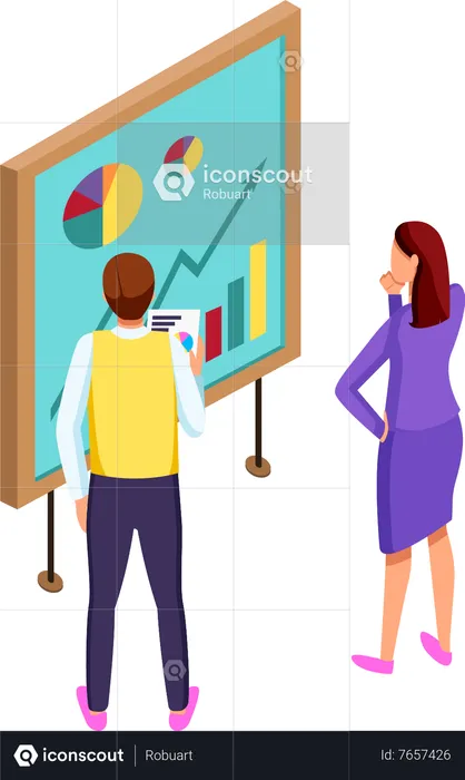 Femme réfléchie et travailleur avec rapport en main regardant le tableau avec des diagrammes circulaires  Illustration