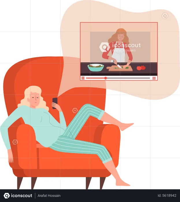 Femme regardant une vidéo de cuisine  Illustration