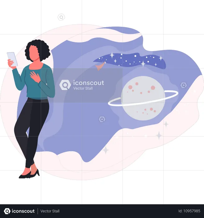 Femme regardant une planète spatiale sur son mobile  Illustration