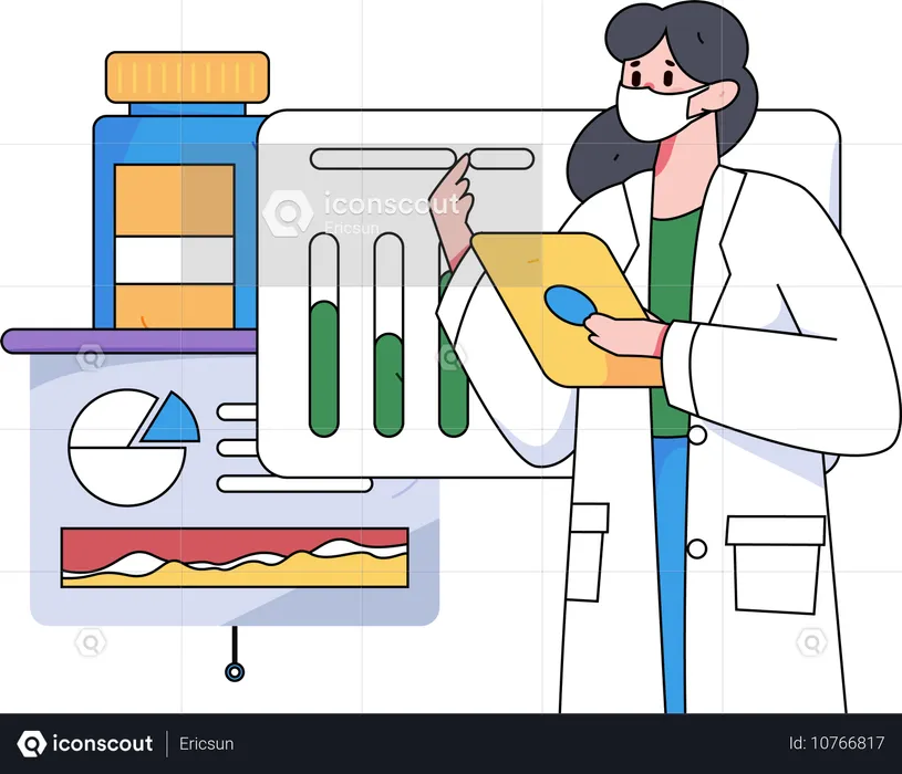 Femme regardant un rapport médical avec des médicaments  Illustration