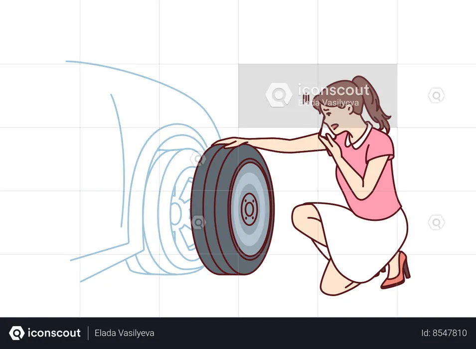 Une femme regarde un pneu de voiture crevé et essaie d'appeler à l'aide pour changer de pneu  Illustration