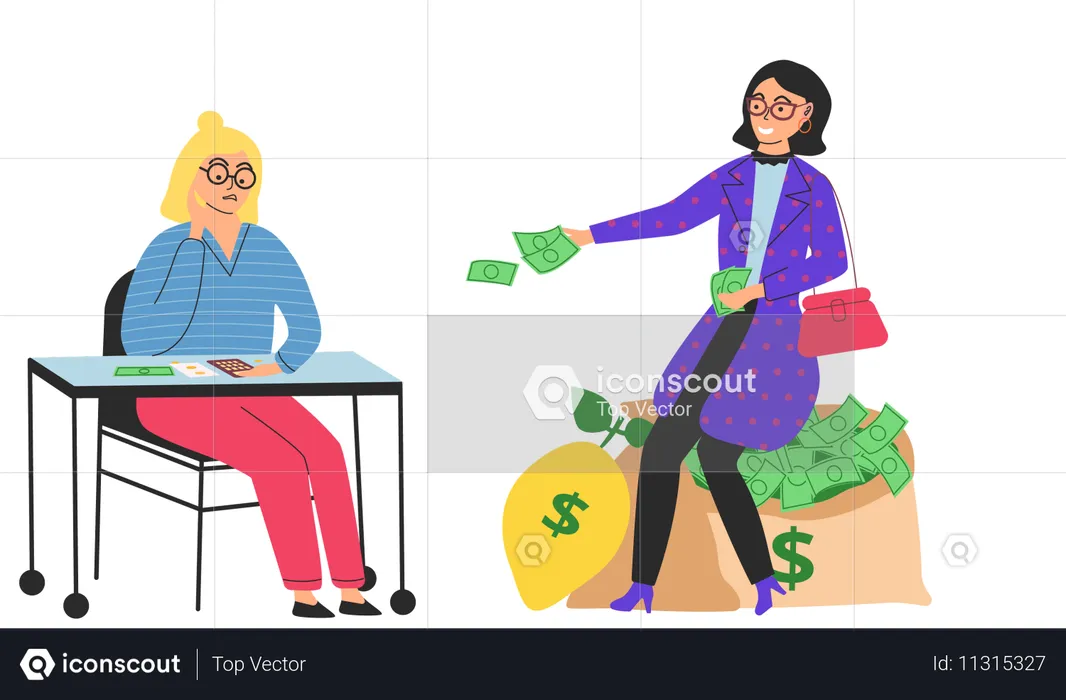 Une femme riche et heureuse est assise sur un sac d'argent  Illustration