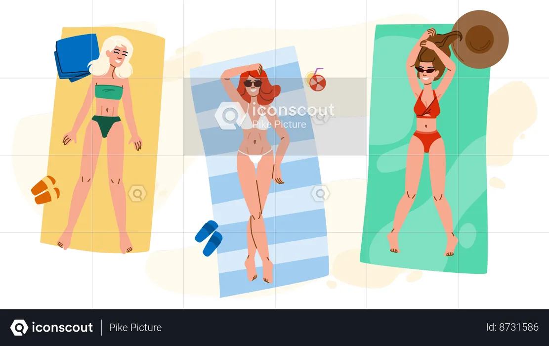 Une femme prend un bain de soleil à la plage  Illustration