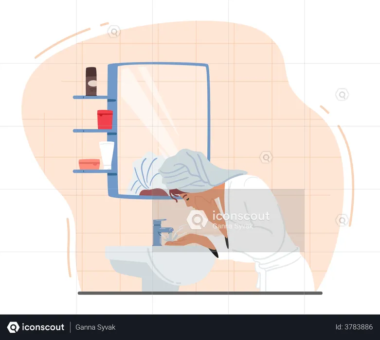 Femme se lavant le visage dans l'évier  Illustration