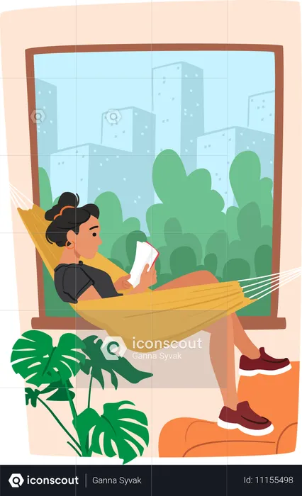 Femme se relaxant dans un hamac tout en lisant un livre  Illustration