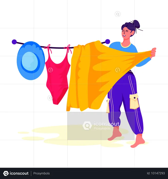 Femme séchant du linge sur une corde  Illustration