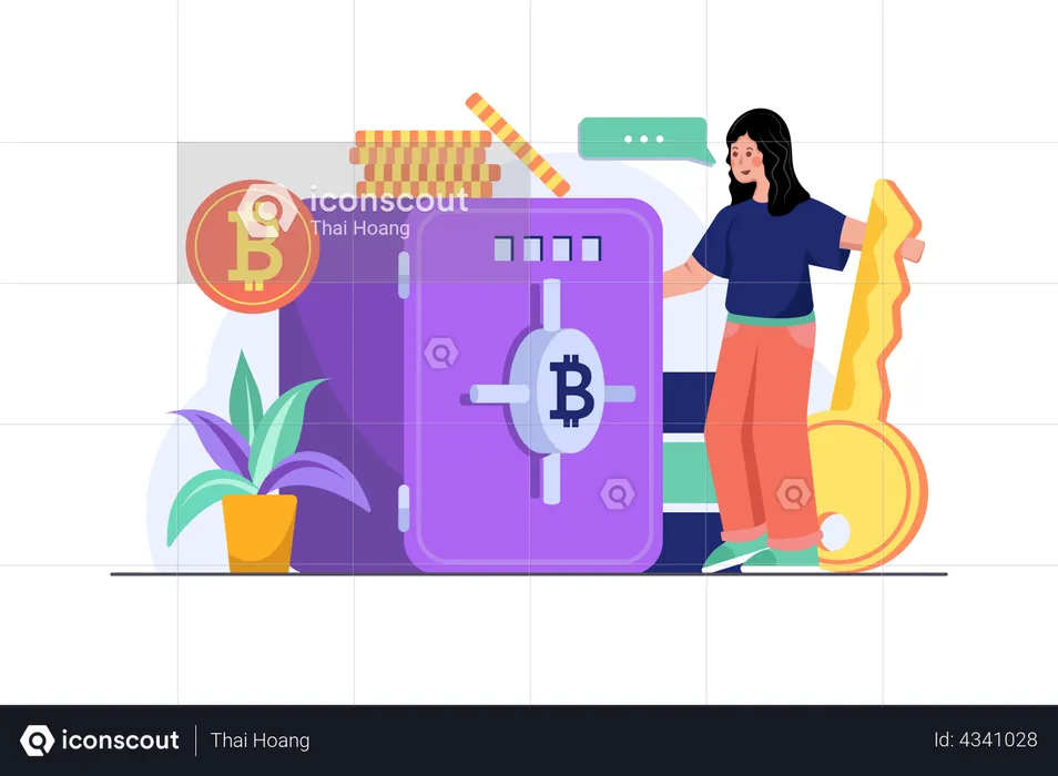 Femme sécurisant Bitcoin dans un coffre-fort  Illustration