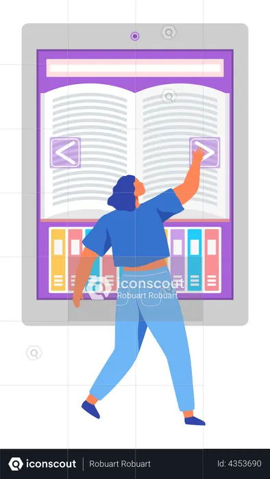 Une femme sélectionne de la littérature dans une bibliothèque en ligne  Illustration