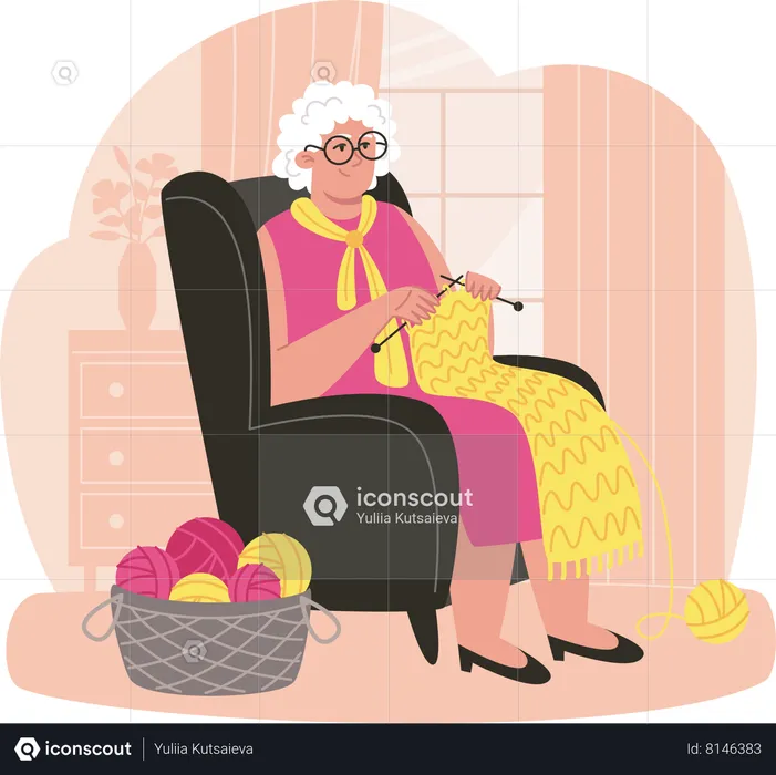 Une femme âgée est assise dans un fauteuil et tricote une écharpe dans une chambre confortable  Illustration