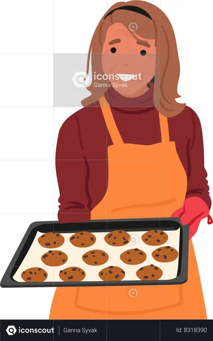 Femme âgée, biscuits cuits dans les mains  Illustration