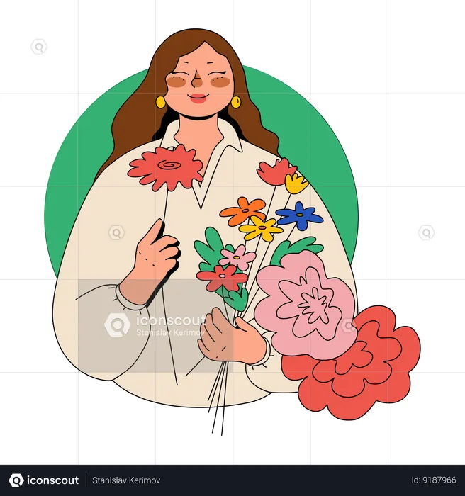 Une femme sent un bouquet de fleurs qu'elle a cueilli  Illustration