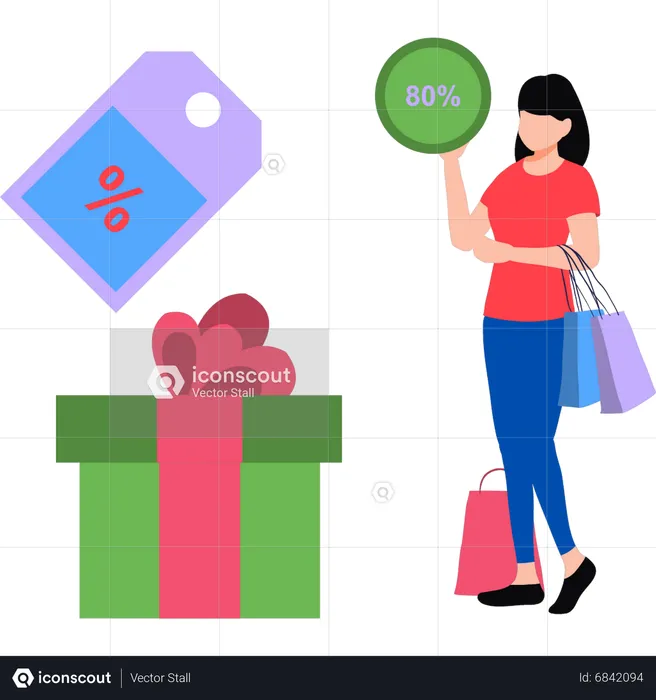 Femme faisant du shopping en solde à 80 %  Illustration