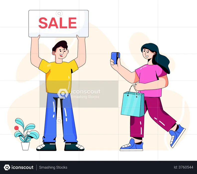 Femme faisant des achats en ligne en vente  Illustration