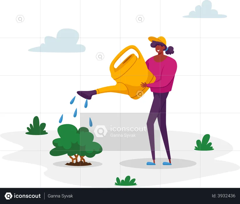Femme prenant soin de l'arrosage des plantes vertes à partir d'un bidon sur la nature  Illustration