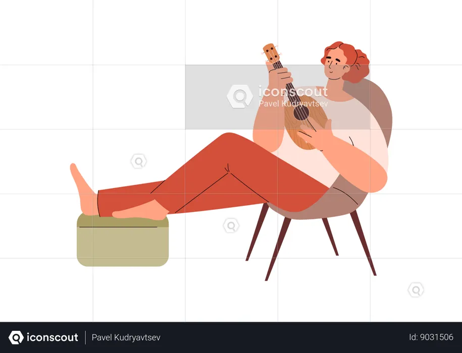 Femme souriante relaxante jouant du ukulélé  Illustration