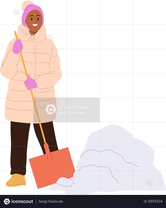 Heureuse femme souriante enlevant la neige avec une pelle nettoyant la cour ou la route  Illustration