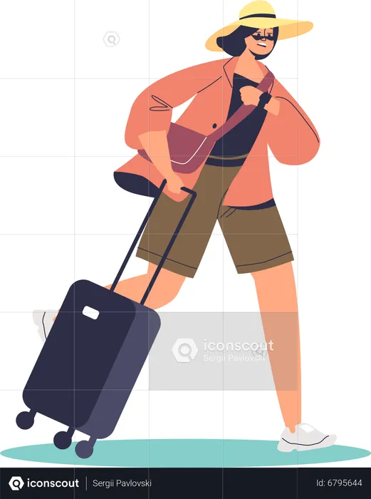 Femme stressée avec une valise en retard pour un vol en avion  Illustration